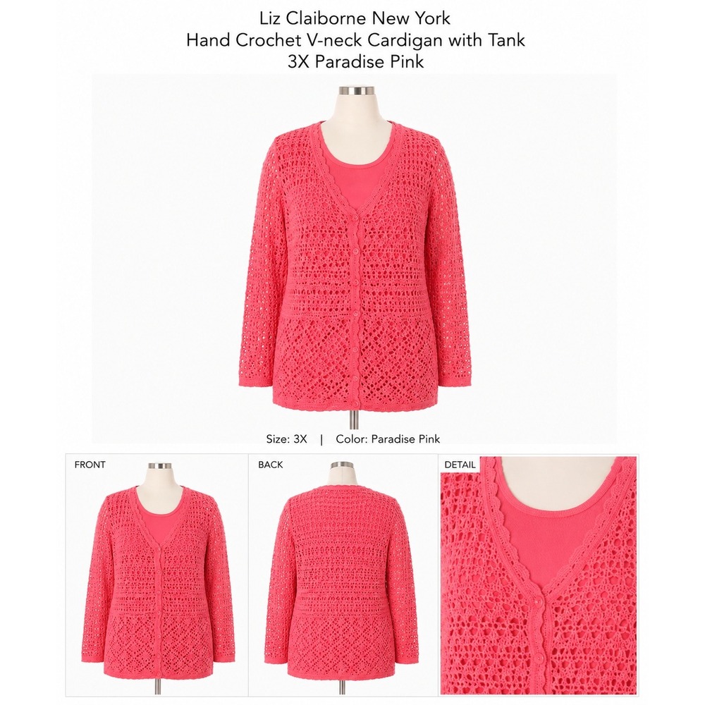 Liz Claiborne New York Crochet V-neck Cardigan Tank Set 3X Paradise Pink Twinset